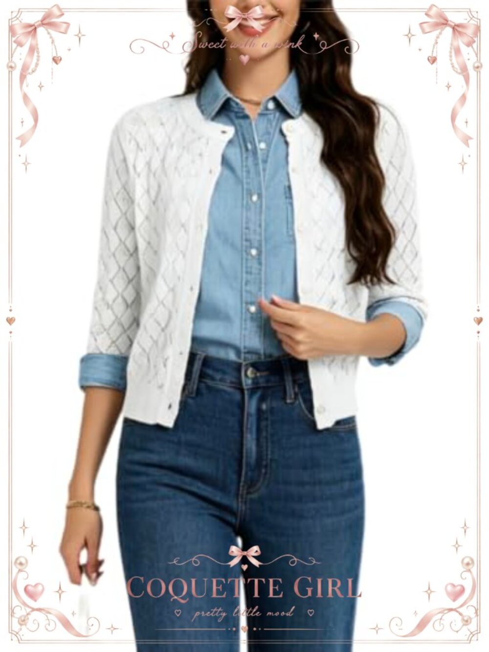 Women's 3/4 Sleeve Crochet Knit Cropped Cardigan Button Down Shrug